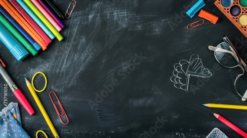 School supplies on blackboard background with writing space