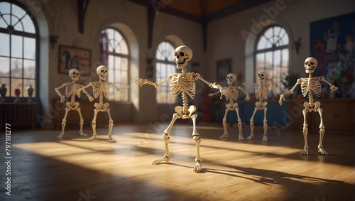 An animated skeleton teaching a dance class to other lively skeletons in a brightly lit studio ai_generated