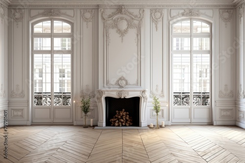 Parisian interior fireplace window floor. photo