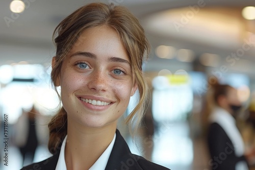 Receptionist reception hotel manager cheerful happy smiling person working occupation desk assistance customers motel lobby professional communication skills management guest visitor secretary staff