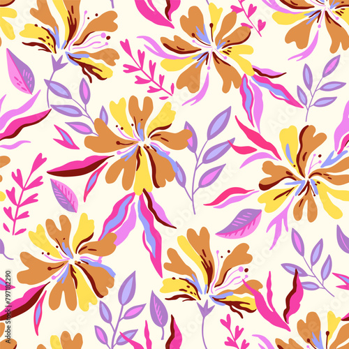 Seamless pattern with cute doodle floral elements. Hand drawn print for textile and design. Colorful vector illustration