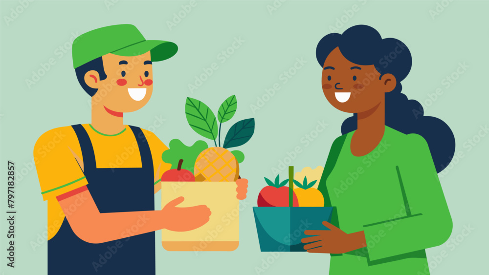 A shopper and vendor bonding over their passion for supporting local agriculture and promoting sustainability.. Vector illustration A shopper and vendor bonding over their passion for supporting local agriculture and promoting sustainability.. Vector illustration