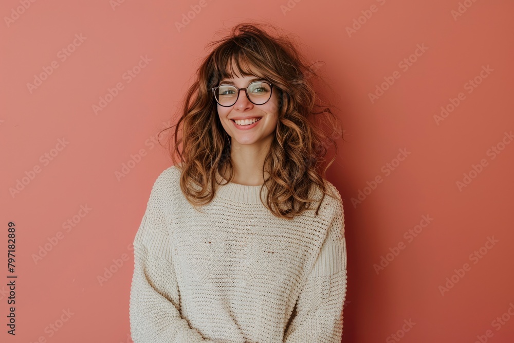 Happy successful woman standing in casual outfit, smiling pleased at camera and looking confident, standing against one color background - generative ai Happy successful woman standing in casual outfit, smiling pleased at camera and looking confident, standing against one color background - generative ai