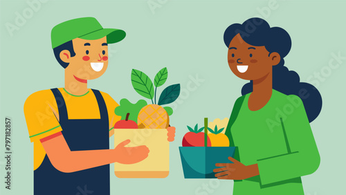 A shopper and vendor bonding over their passion for supporting local agriculture and promoting sustainability.. Vector illustration