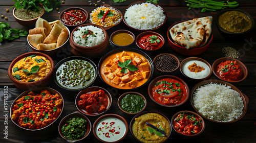 Assorted indian food on dark wooden background, Dishes and appetizers of indian cuisine, Curry, butter chicken, rice, lentils, paneer, samosa, naan, chutney, spices, Bowls and plates with indian food