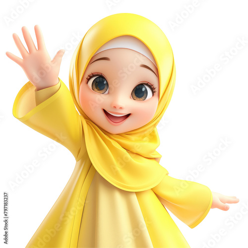 A joyful Asian Muslim cartoon character is cheerfully posing and tossing something while making direct eye contact with the camera all set against a transparent background photo