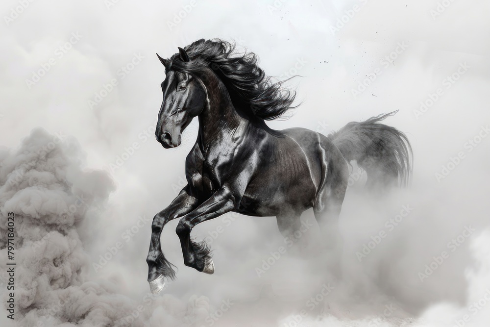 Black Spanish horse rearing in light smoke stallion animal mammal. Black Spanish horse rearing in light smoke stallion animal mammal.