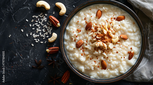 Bowl with rice pudding on dark background, Creamy rice kheer with cashew nuts and almonds, Copy space, Top view photo