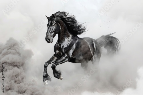 Black Spanish horse rearing in light smoke stallion animal mammal.