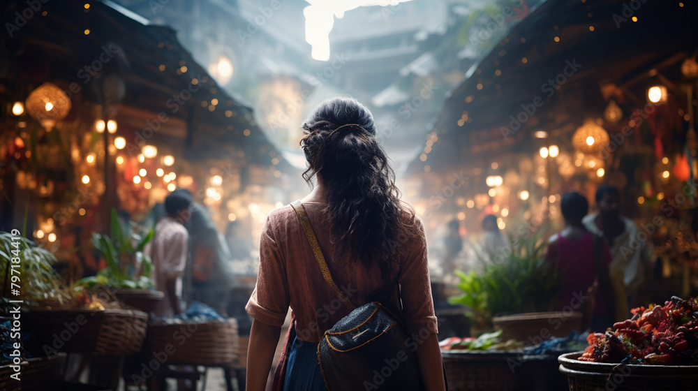 A young woman discovers an market in the evening A young woman discovers an market in the evening
