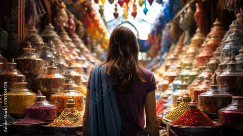 Woman discovers a local asian or african market with colorful spices and dyes