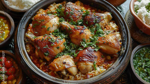 Chicken Mandy top view The national Saudi Arabian dish chicken kabsa with rice mandi, arab cuisine,  photo