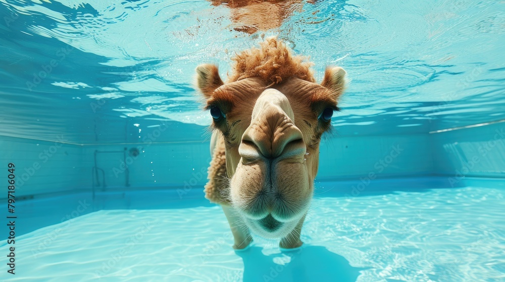 Fototapeta premium Hilarious underwater scene camel in pool plays deep dive action, Ai Generated.