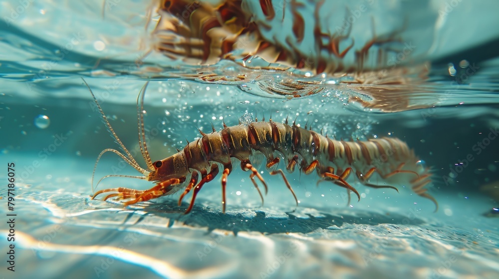 Fototapeta premium Hilarious underwater scene centipede in pool plays deep dive action, Ai Generated.
