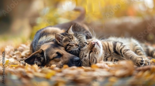 Dog and cat play outdoors  lying on their backs together. Ai Generated