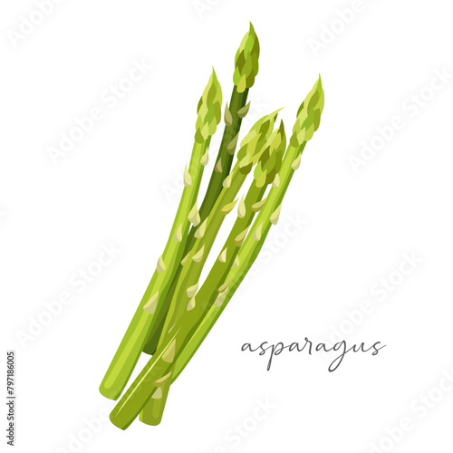 Fresh bunch of asparagus with inscription isolated on white background. photo