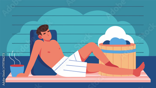 With a relaxed expression on their face an individual with chronic fatigue syndrome lays on a towel in the sauna enjoying the calming and revitalizing.