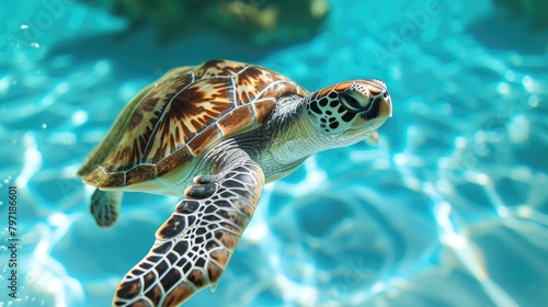 Hilarious underwater scene turtle in pool plays deep dive action, Ai Generated.