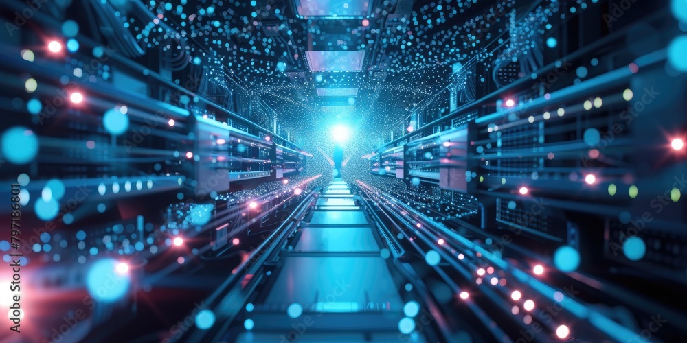 Futuristic server room with rows of towering racks, illuminated by a symphony of glowing lights 💡✨ The 3D rendering brings each element to life, showcasing cutting-edge technology and Futuristic server room with rows of towering racks, illuminated by a symphony of glowing lights 💡✨ The 3D rendering brings each element to life, showcasing cutting-edge technology and