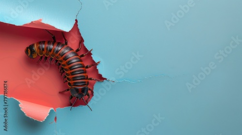 A humorous millipede peers through a ripped hole in a contrast pastel color paper background, Ai Generated photo