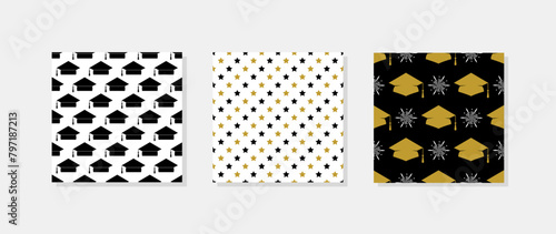Graduation hats seamless pattern. Set of 3 grad ceremony backdrops. Vector template for fabric, textile, wallpaper, wrapping paper, etc.