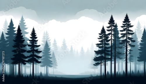 Foggy Forest Digital Painting Fog Trees Landscape Background Minimalistic Nature Design © amonallday