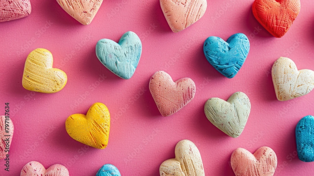 Colorful hearts scattered on a pink background, celebrating Valentine's Day. Ai Generated. Colorful hearts scattered on a pink background, celebrating Valentine's Day. Ai Generated.