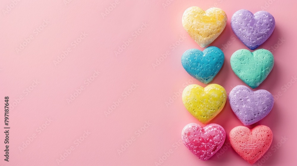 Colorful hearts scattered on a pink background, celebrating Valentine's Day. Ai Generated. Colorful hearts scattered on a pink background, celebrating Valentine's Day. Ai Generated.