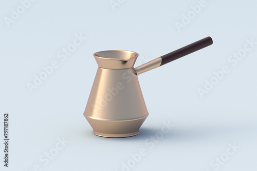 Turkish coffee pot on gray background. Vintage cooper cezve. 3d render photo