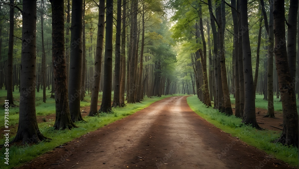 Obraz premium A forest pathway lined with trees, each displaying an ombre effect from roots to tips, shifting from earthy browns to vibrant greens ai_generated