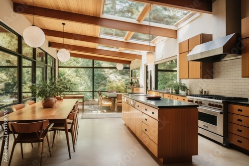 Modern midcentury kitchen architecture furniture hardwood. photo