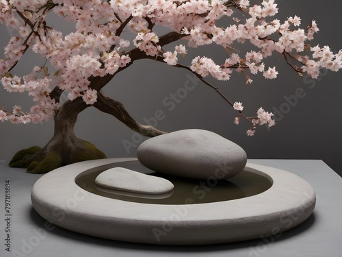 3d render, cherry blossom tree on podium, Ai Generated