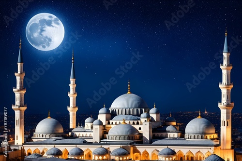 A large white building with a large dome and a large moon in the sky