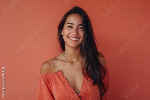 Happy successful woman standing in casual outfit, smiling pleased at camera and looking confident, standing against one color background - generative ai