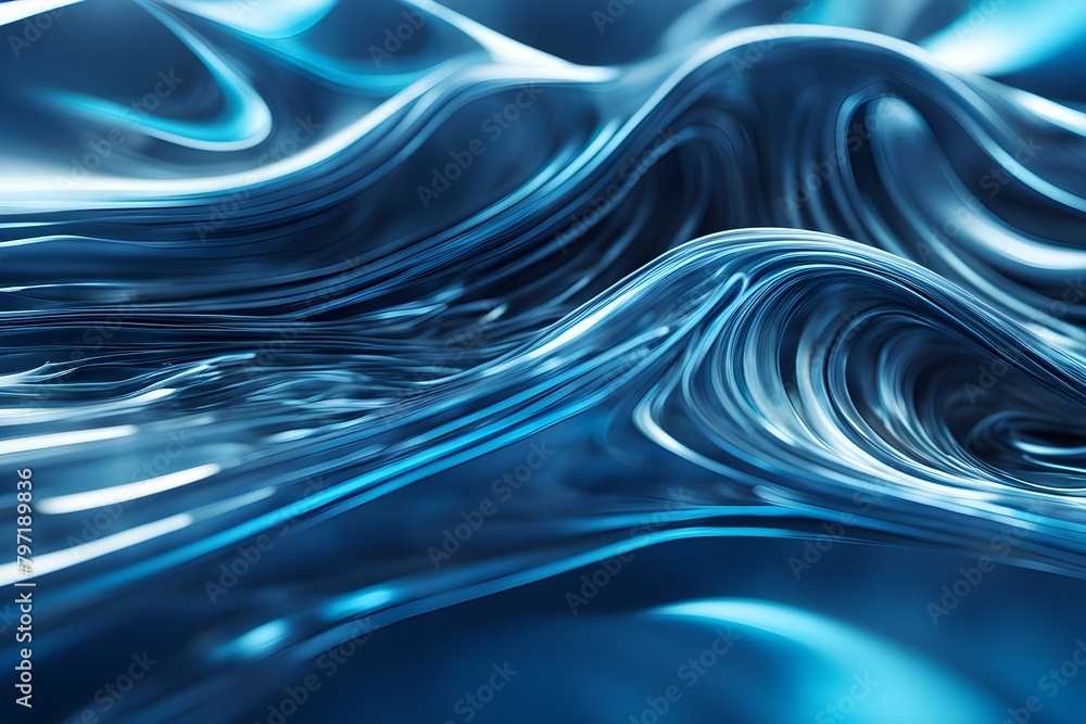The image is a blue wave with a metallic texture The image is a blue wave with a metallic texture