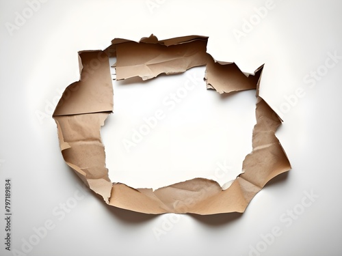 Ragged hole torn in ripped paper, isolated on white background