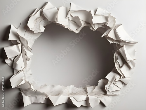 Ragged hole torn in ripped paper, isolated on white background