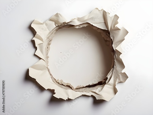 Ragged hole torn in ripped paper, isolated on white background
