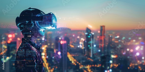 Illustration of a man or woman using virtual reality glasses headset technology, against the background of sophisticated 5G network technology. photo