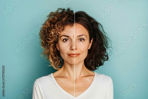 Aging contrasts in skin treatment highlighted in dual age narrative  merging visible aging signs with proactive skincare routines and facial rejuvenation dynamics.