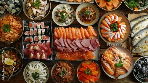 Fish and meat meals variety flat lay, Top view on buffet with assortment of healthy hearty food, Buffet, banquet, appetizer, restaurant menu concept