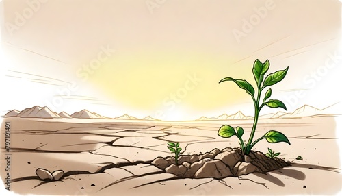 Green Plant Cracked Dry Soil Digital Painting Isolated Plants Illustration Background Nature Design