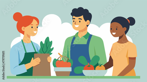 A young couple browsing through the produce stopping to chat with a vendor about their favorite ways to cook with fresh herbs.. Vector illustration