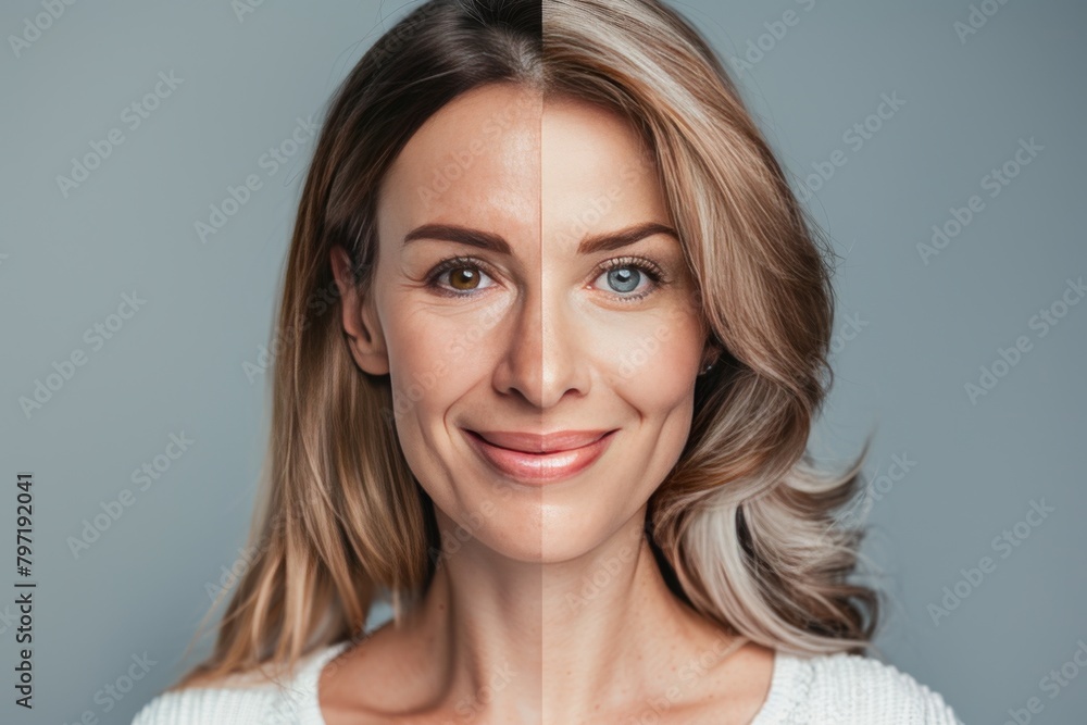 Fototapeta premium Proactive adaptation in generational contrast through skin care techniques, merging aging skincare perceptions with facial narratives and modern dynamics.