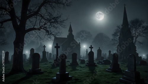 A foggy, moonlit graveyard with ancient tombstones and a distant silhouette of a church ai_generated