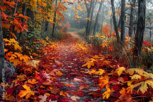 Vibrant Autumn Path Through Misty Forest