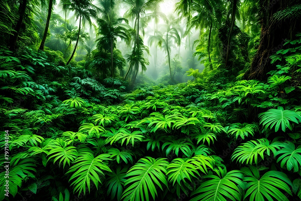 A lush green jungle with palm trees and a foggy atmosphere