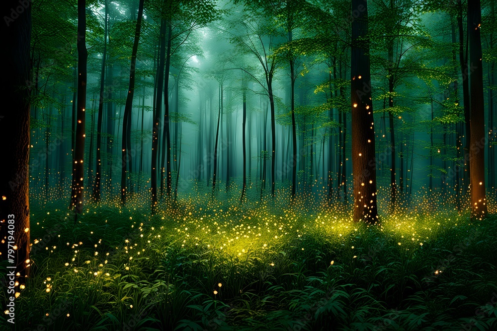 A forest with glowing trees and a field of yellow flowers A forest with glowing trees and a field of yellow flowers