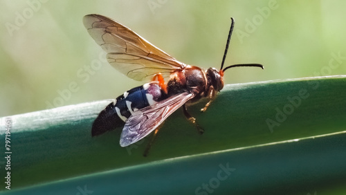 Side view of a black and red Eastern Cicada Killer Hunter Wasp (Sphecius speciosus) perched on a yucca leaf. Long Island, New York USA
