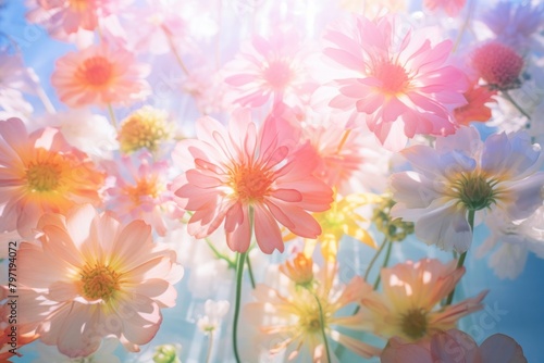 Sunlight scene with Various flowers colorfull asteraceae outdoors painting. photo